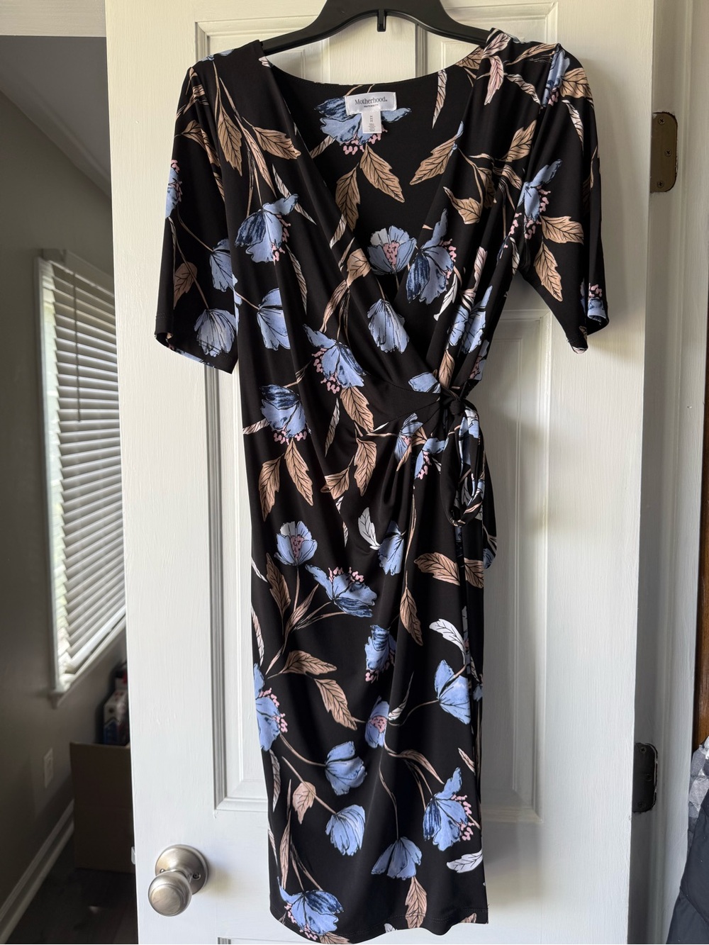 Women’s Maternity Black Floral Wrap Dress with Blue Blooms